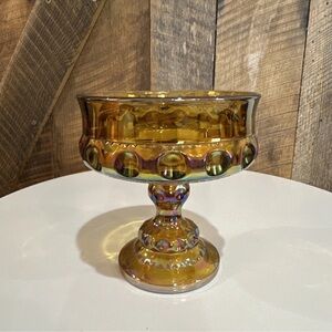 Vintage Indiana Glass Kings Crown Thumbprint Pedestal Candy Dish Iridescent Gold
